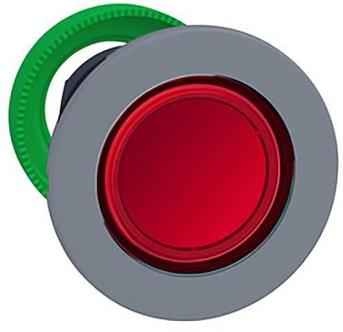 Rode knop met grijze rand en groene achterkant, vaak gebruikt als noodstop of stopschakelaar in machines of installaties.