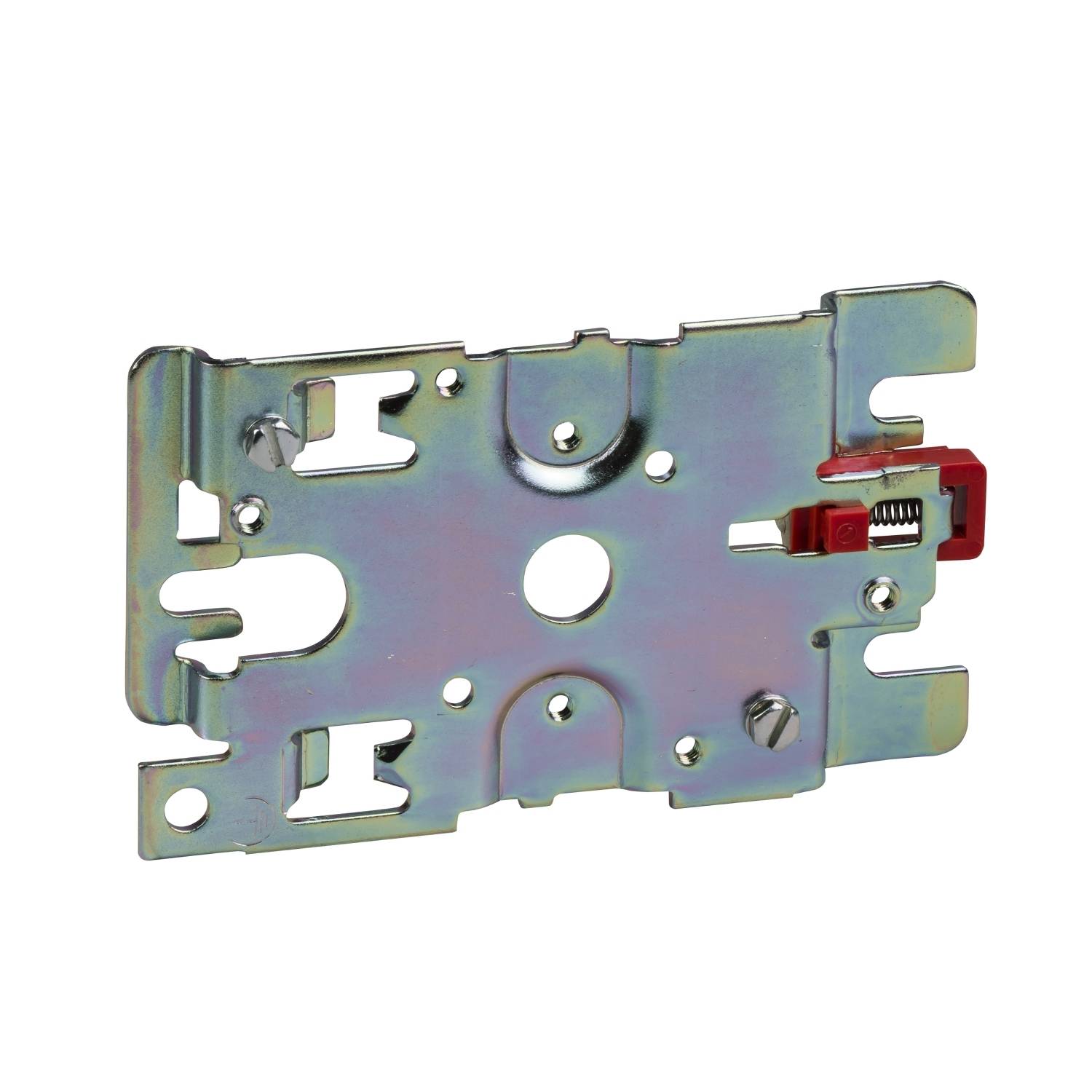 Metalen plaat met meerdere openingen en een rode schakelaar. Wordt gebruikt voor montage of bevestiging in technische apparaten.