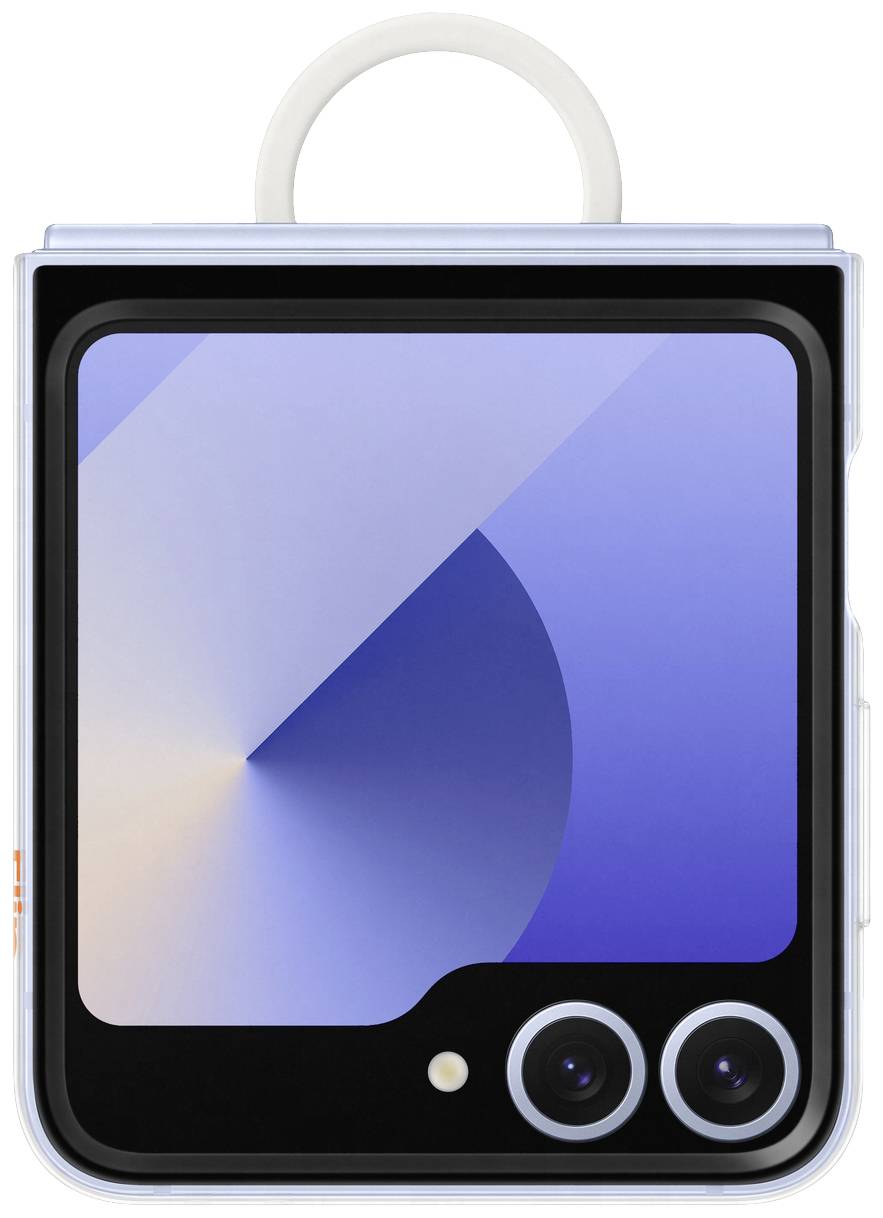 Smartphone met een stijlvol hoesje, dichtgeklapt. Voorkant toont een groot display met blauwe geometrische patronen en twee camera's.