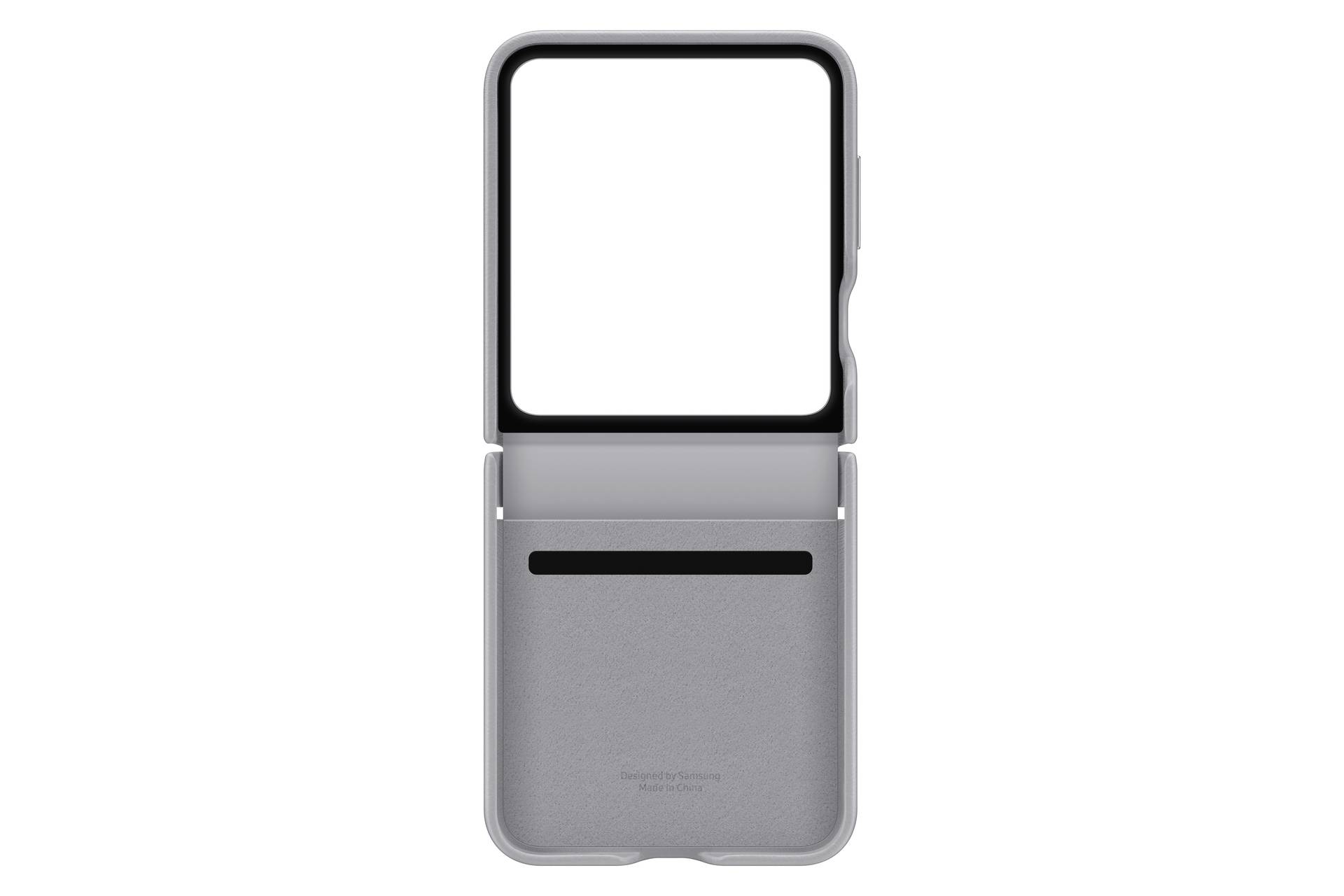 Grijze klaptelefoon met rechthoekig scherm in opengevouwen toestand, geen inhoud op het display, met smal behuizingsontwerp.