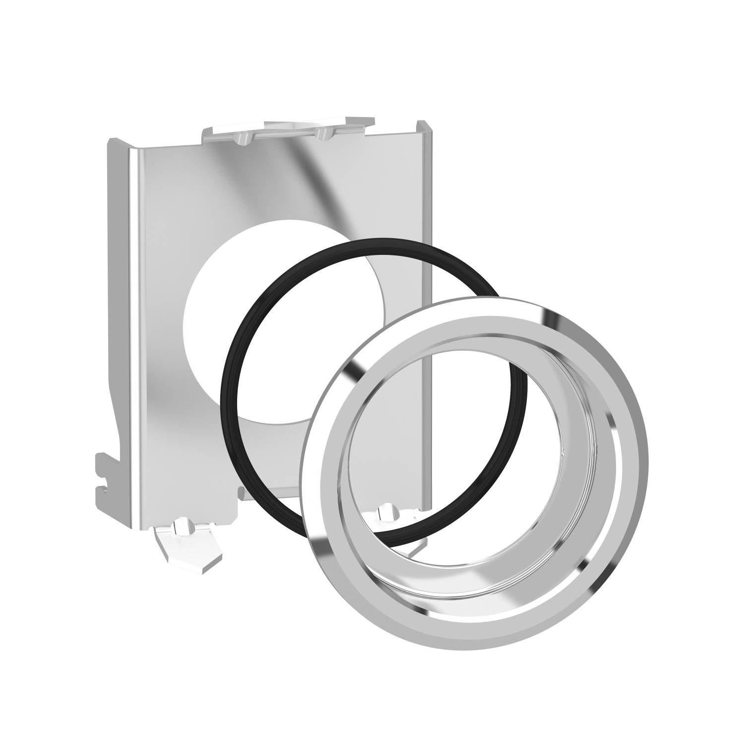 Metalen ring met zwarte O-ring en bevestiging, waarschijnlijk onderdeel van een mechanisch of elektronisch apparaat.