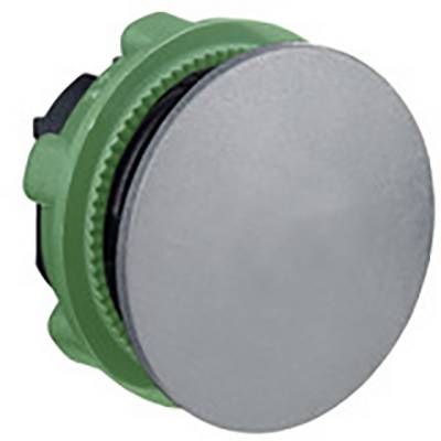 Afbeelding van een ronde, zilverkleurige drukknop met een groen behuizing.