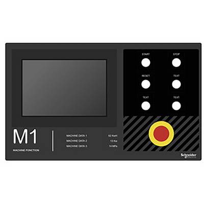 'Bedieningseenheid met display en knoppen. Links: display, rechts bovenaan: zes bedieningselementen, onderaan: grote noodstopknop. Opschrift: Machine M1.'