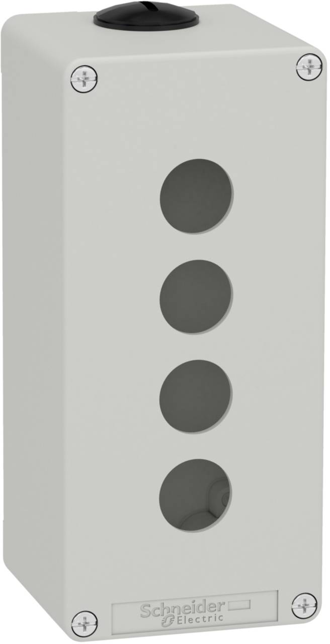 Metalen behuizing van Schneider Electric met vier ronde openingen aan de voorzijde, geschikt voor het plaatsen van drukknoppen of schakelaars.