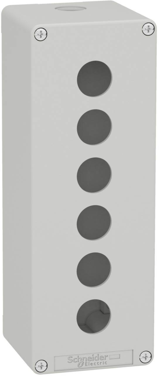 Grijs rechthoekig behuizing met zes ronde uitsparingen. Onderaan voorzien van de tekst 'Schneider Electric'.