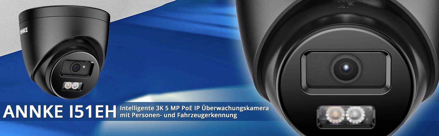 'ANNKE I51EH Intelligente 3K 5 MP PoE IP-beveiligingscamera met persoons- en voertuigherkenning.' Camera in close-up.