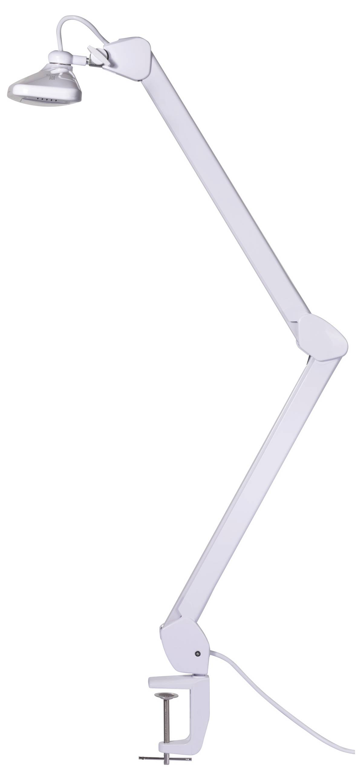 Bureaulamp met verstelbare arm, zilverkleurig, bevestigd aan een bureau.