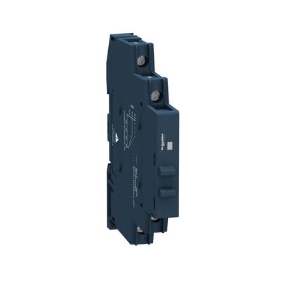 Een blauw, smal relaismodule met markering 'Schneider Electric' en aansluitingsmogelijkheden, staand in profiel.