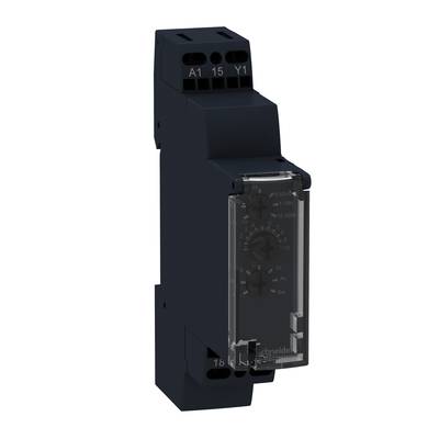 'Zwart tijdrelais van Schneider Electric, model RE17RMMW, met twee draaiknoppen voor tijdsinstelling. Aansluitklemmen bovenaan.'