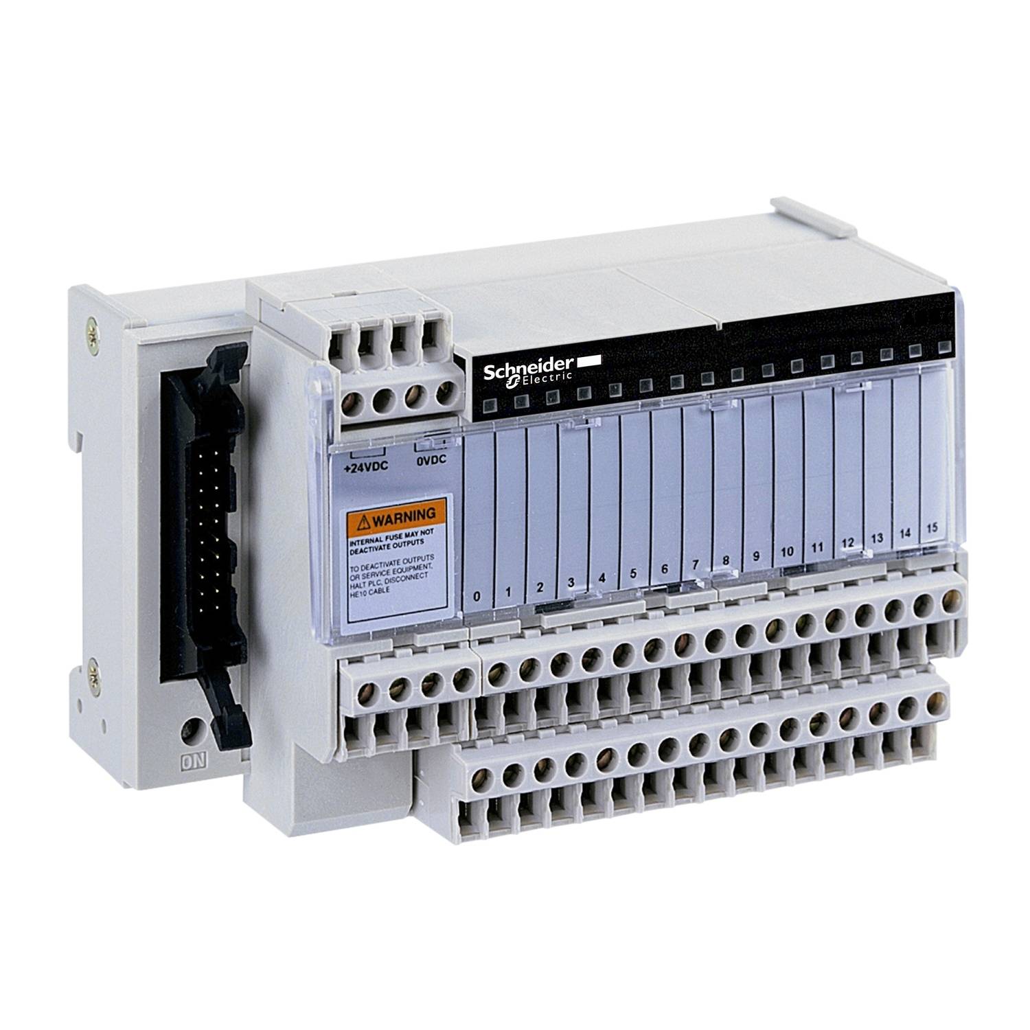 Een modulair automatiseringsapparaat met meerdere aansluitingsmogelijkheden, waarschuwingsmeldingen en het merkenlogo linksboven.