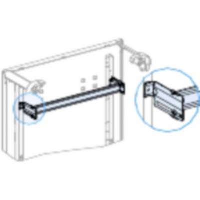 'Schets van een metalen drager met schroeven aan een muur en close-up van de bevestiging.'