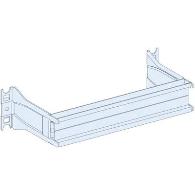 Technische tekening van een blauwe metalen ligger die zich uitstrekt tussen twee verticale bevestigingen, weergegeven in perspectief.