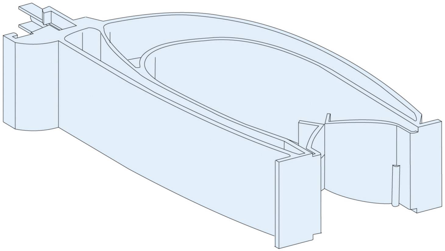 3D-model van een scheepsromp in blauw, toont de externe vorm en structuur. Geschikt voor scheepsbouw- of technische presentaties.
