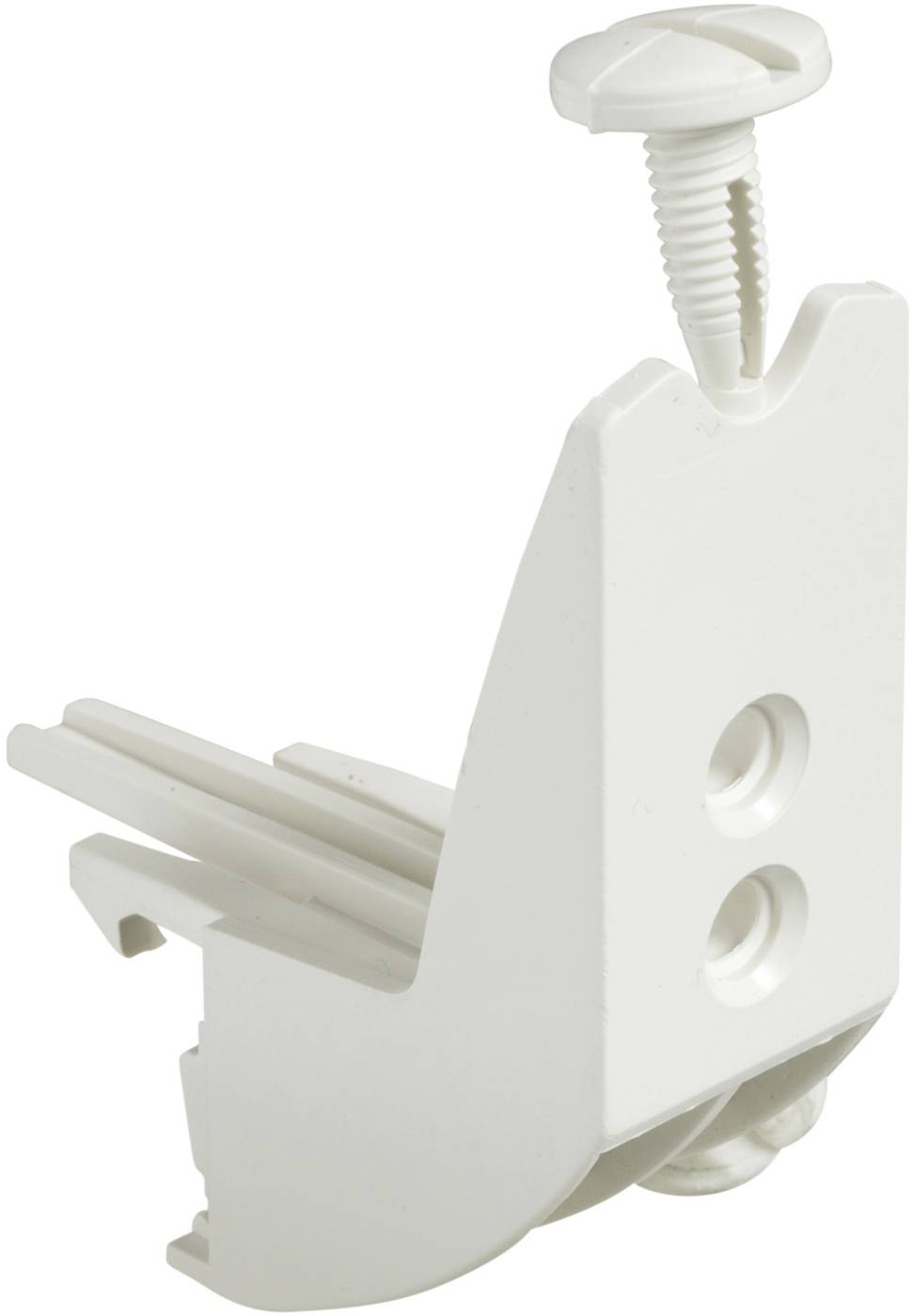 Een witte kunststof hoeksteun met twee gaten en een schroef die bovenaan uitsteekt, geschikt voor het bevestigen van gordijnrails.