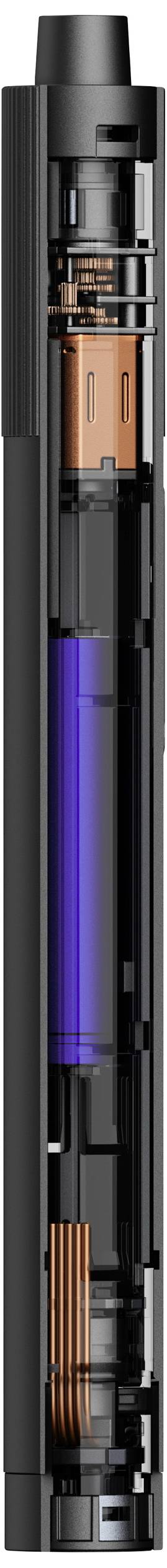 Doorsnede van een batterij met zichtbare componenten zoals koperdraden, een blauwe energiecel en zwarte behuizingsonderdelen.