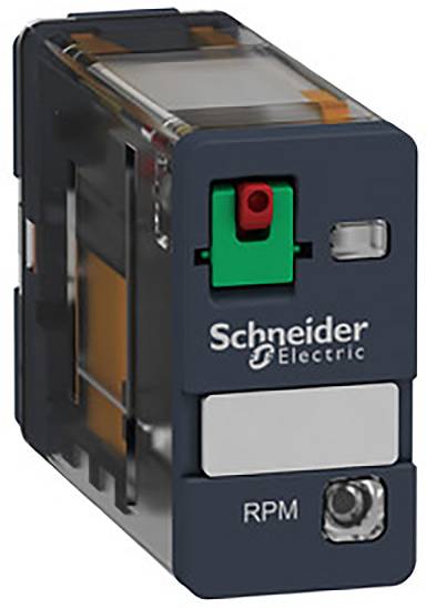 Een elektrische relaismodule van Schneider Electric met getoonde aansluitingen en een RPM-markering.
