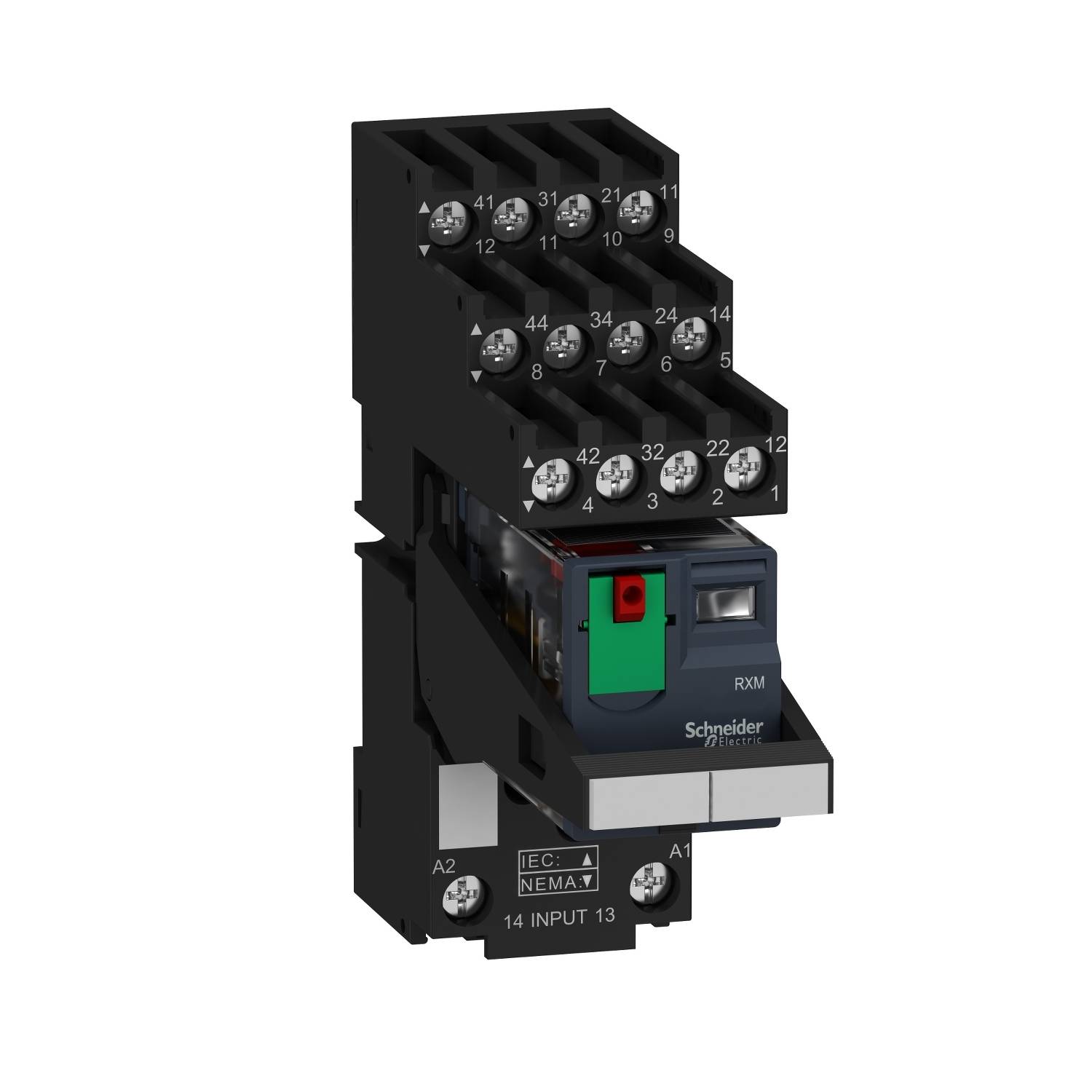 Relais met stekkerverbinding en 14-pins voet, fabrikantenlogo en aanduiding zichtbaar. Belangrijkste toepassing: besturingselektronica voor automatisering.