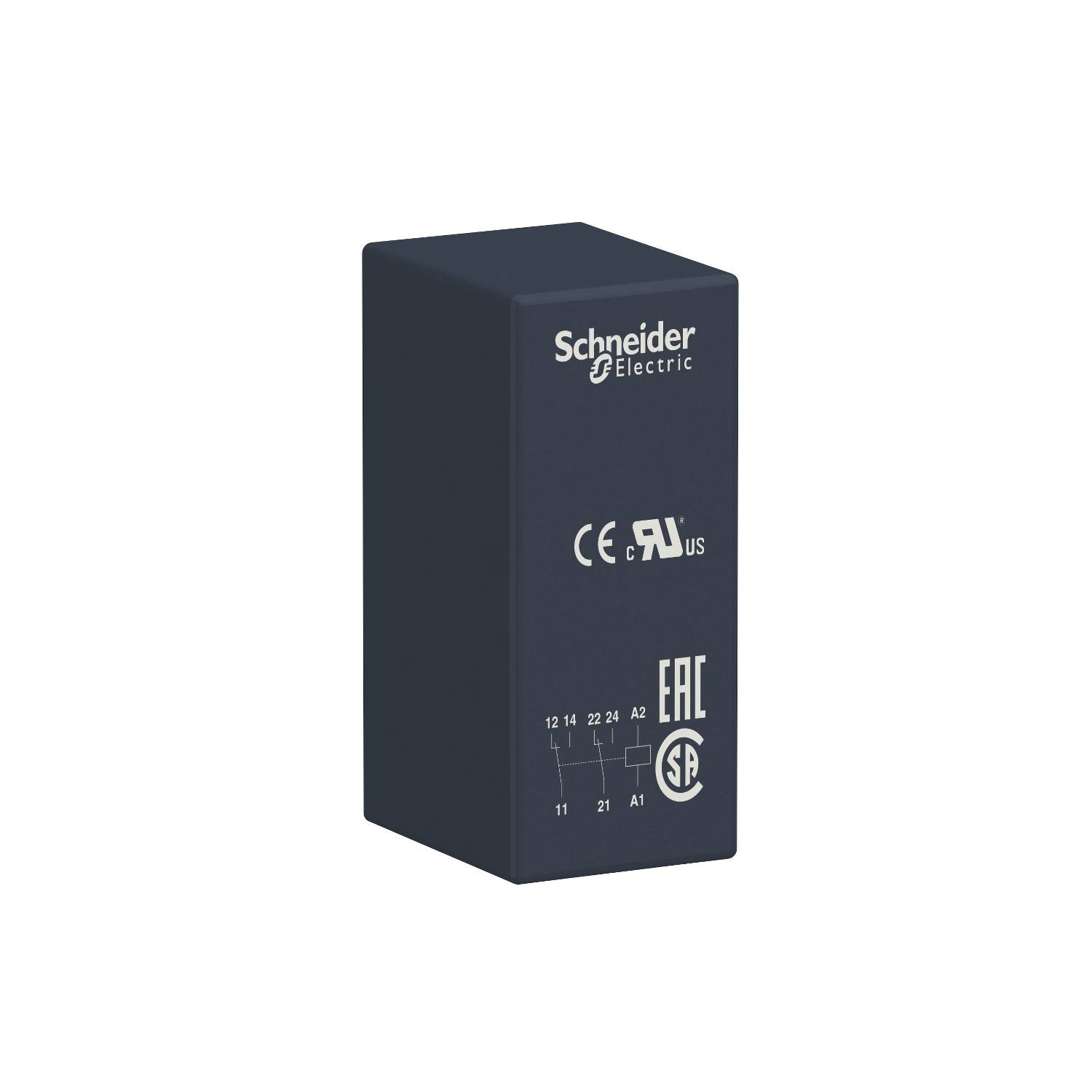 Een rechthoekig, zwart elektrisch onderdeel met opdrukken, waaronder het logo van Schneider Electric en verschillende certificeringen.