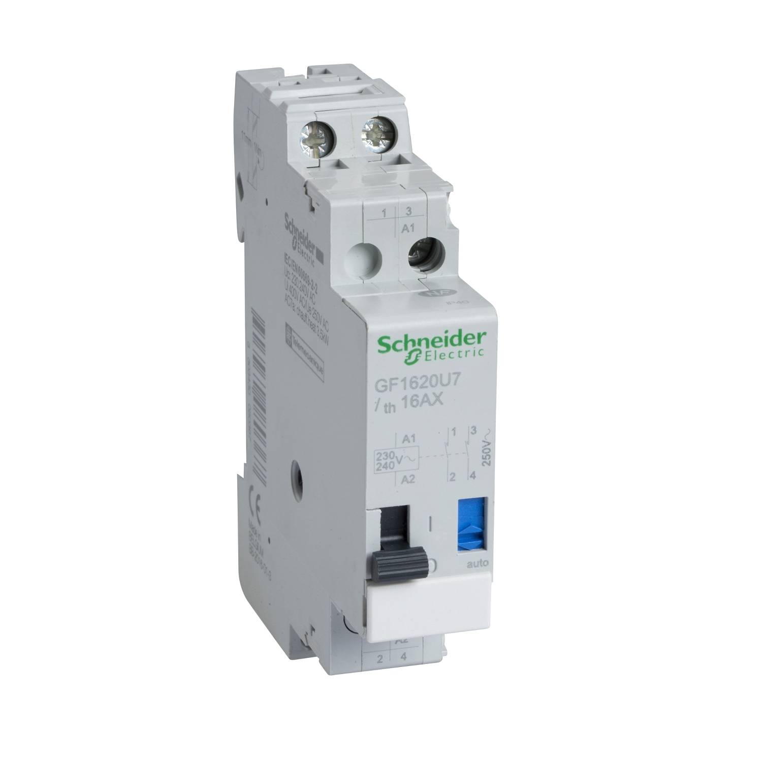 Schakelaar van Schneider Electric, model GF1620U7, 16A, 230V. Belangrijkste kenmerk: blauwe knop onderaan, twee aansluitklemmen bovenaan.