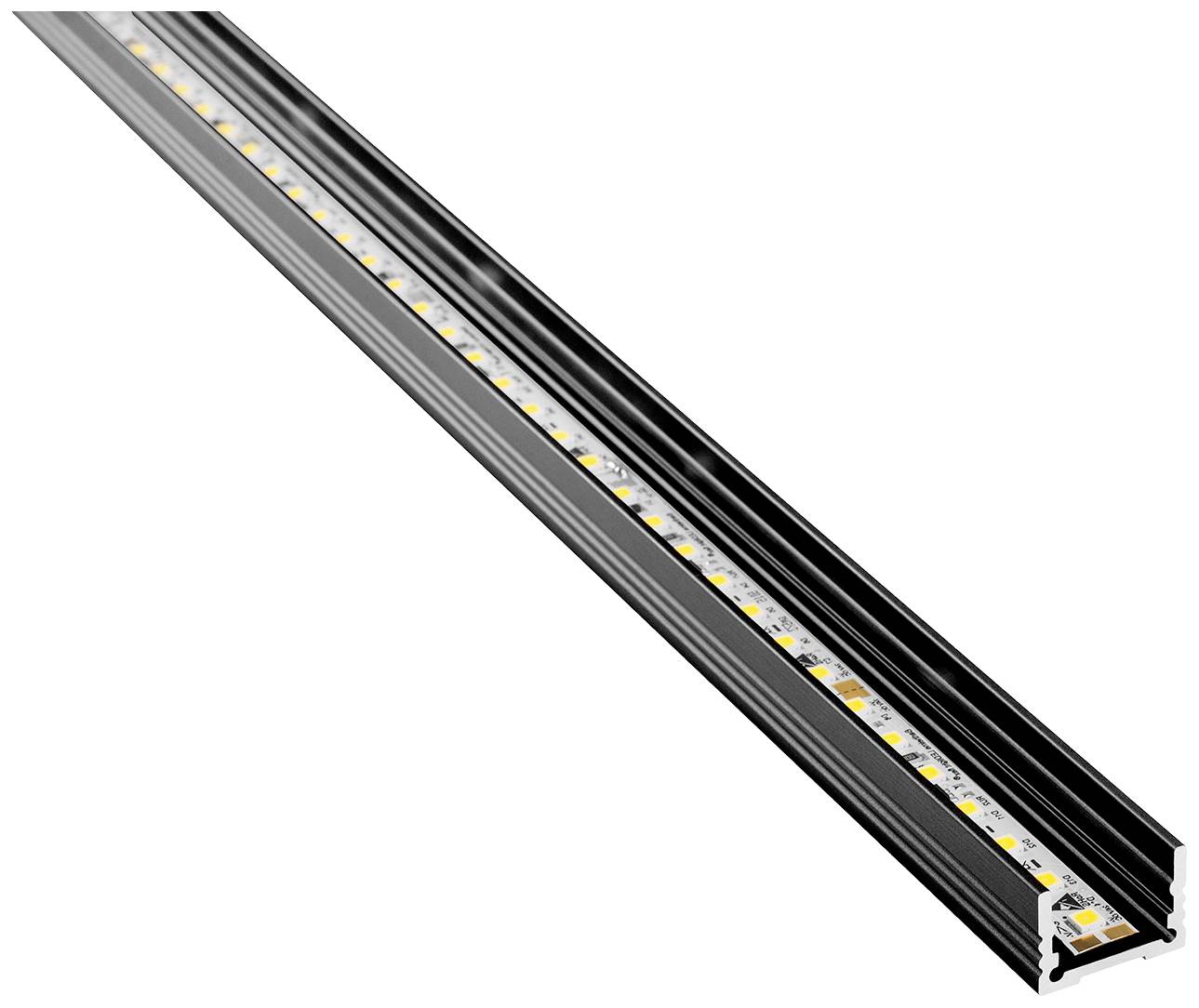 Een lange, zwarte LED-strip met geïnstalleerde lichtband, geschikt voor verlichtingstoepassingen.