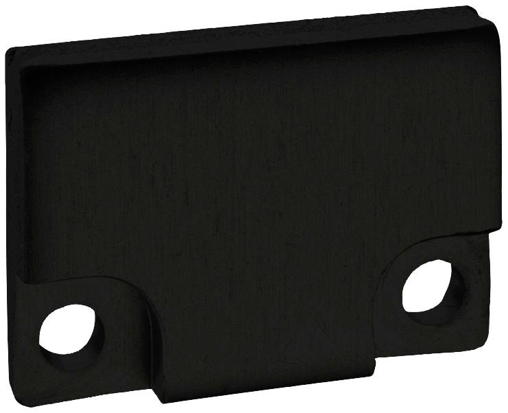 Zwart rechthoekig metalen stuk met twee gaten, vermoedelijk onderdeel van een beugel of bevestiging.