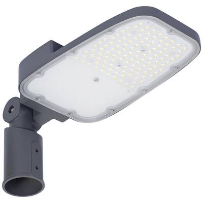 LED-straatlantaarn met een gebogen modern design, bevestigd op een witte plaat met talrijke kleine lichtjes.