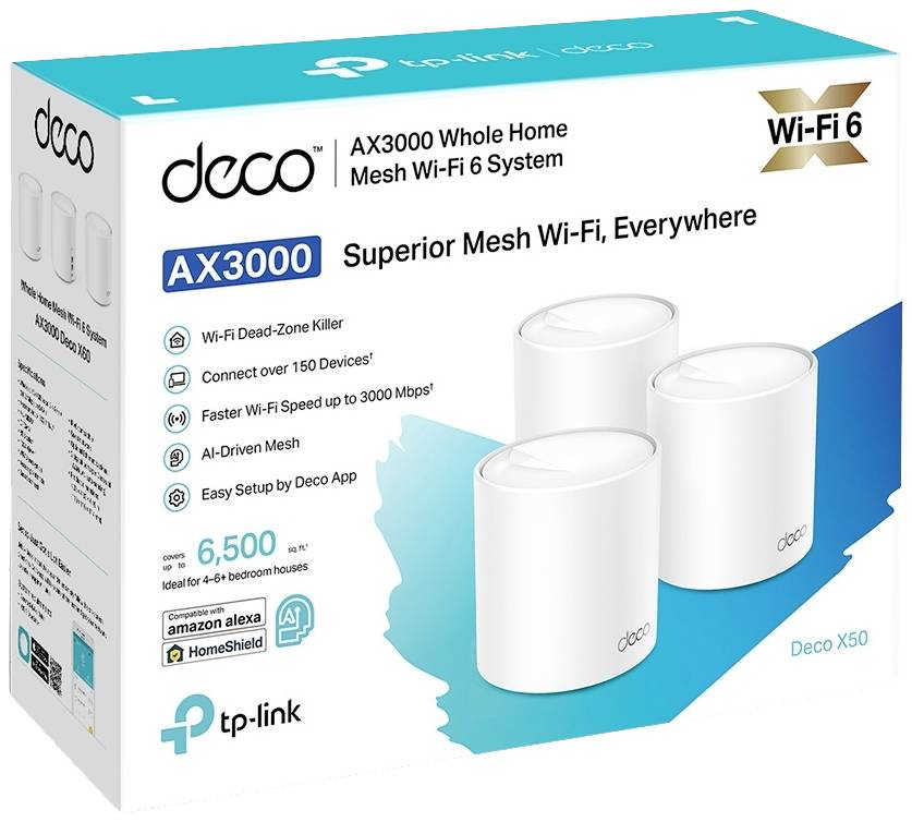 Verpakking van een Deco AX3000 Mesh Wi-Fi 6 Systeem. Bevat drie witte apparaten, hoogtepunten: 6.500 vierkante voet dekking, eenvoudige installatie, compatibiliteit met 150+ apparaten.