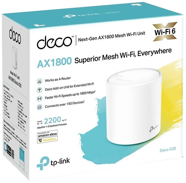 'Verpakking van een TP-Link Deco X20 AX1800 Mesh-Wi-Fi-systeem, ondersteunt tot 150 apparaten, biedt snel Wi-Fi 6. Ideaal voor woningen met 3 kamers.'
