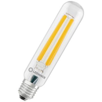Een lange, smalle LED-gloeilamp met zichtbare oranje filamenten en een zilveren voet. 'LEDVANCE' gemarkeerd op de lamp.