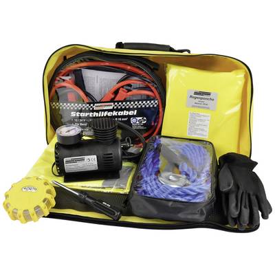 Nooduitrusting bestaande uit startkabels, regenponcho, compressor, handschoenen, waarschuwingslicht en sleepkabel in een gele tas.