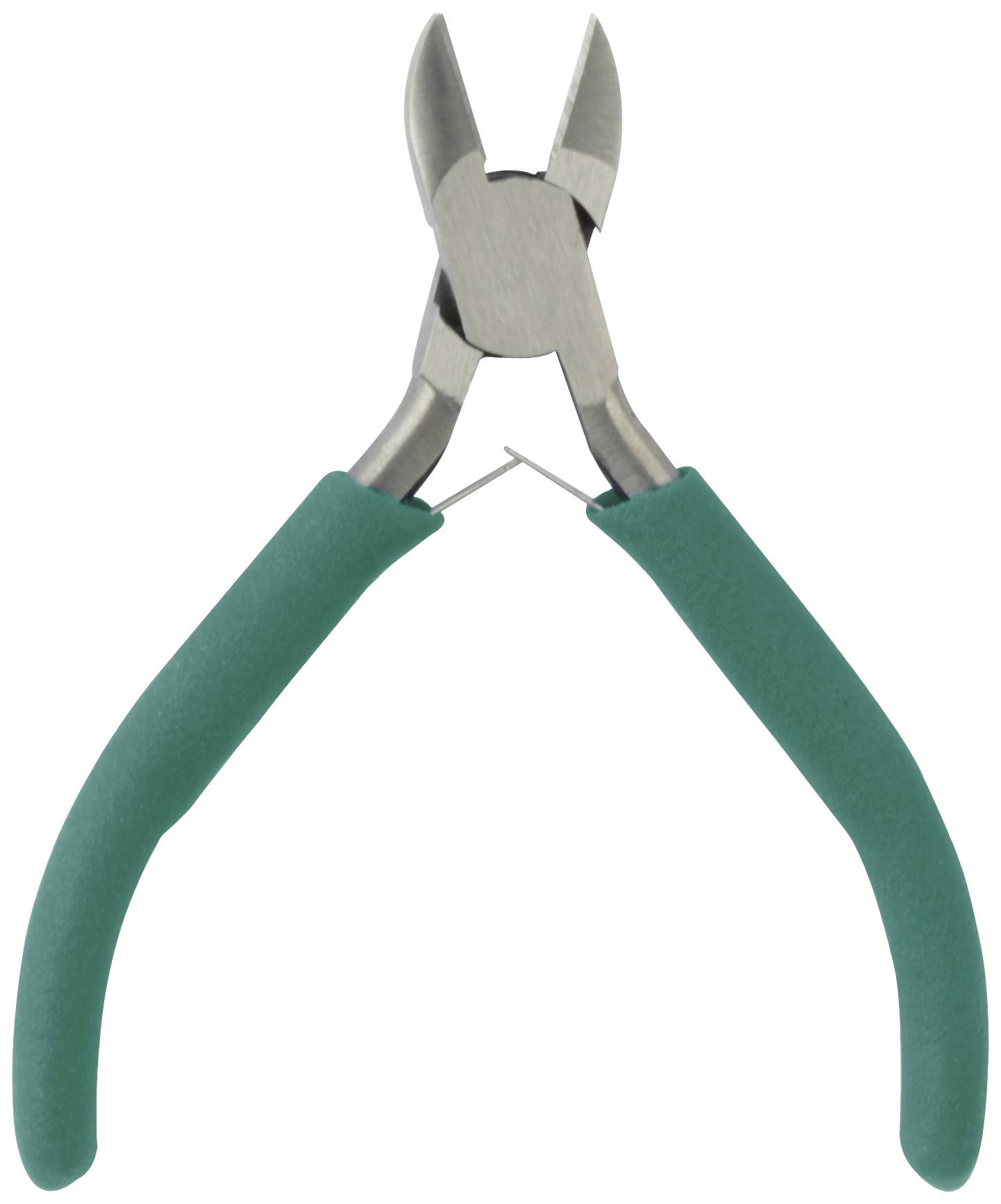 Zijkniptang met groene handgrepen op een witte achtergrond. Essentieel gereedschap voor het knippen van draden en kabels.