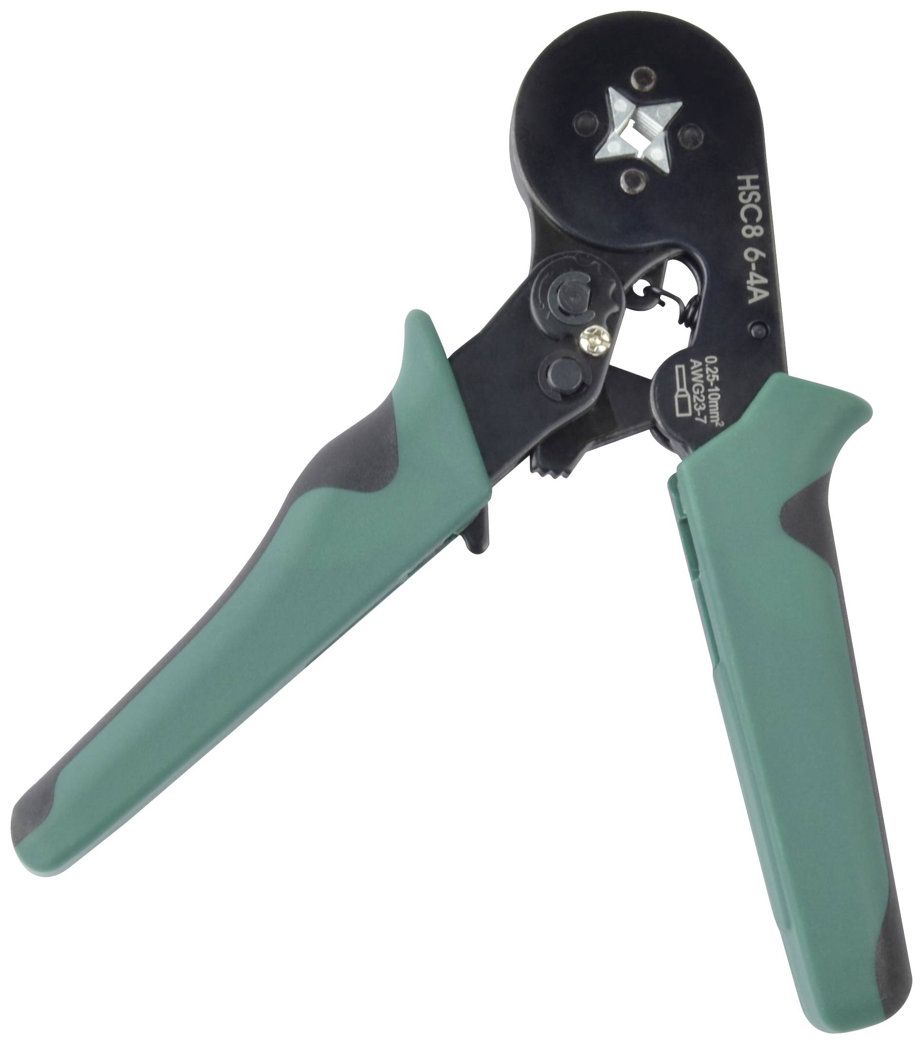 Een groene krimptang met ergonomische handgrepen, geschikt voor het aankrimpen van kabelverbindingen in elektrische toepassingen.