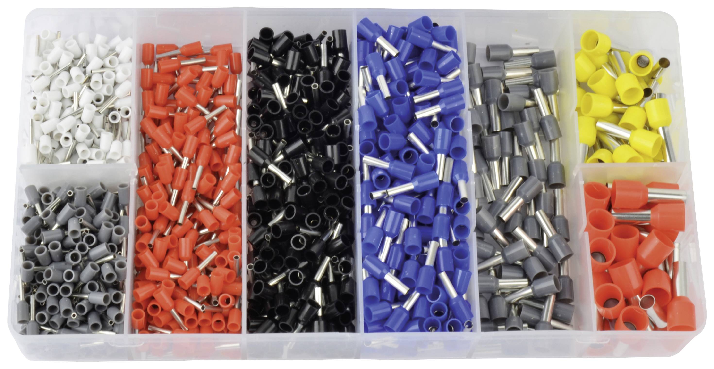 Een assortimentsdoos met verschillende gekleurde kabelschoenen, elk in afzonderlijke vakken: wit, grijs, rood, zwart, blauw en geel.