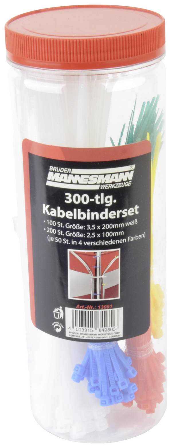 Brüder Mannesmann M13051  Kabelbinder 100 mm, 200 mm  Wit, Rood, Groen, Geel, Blauw  300 stuk(s)
