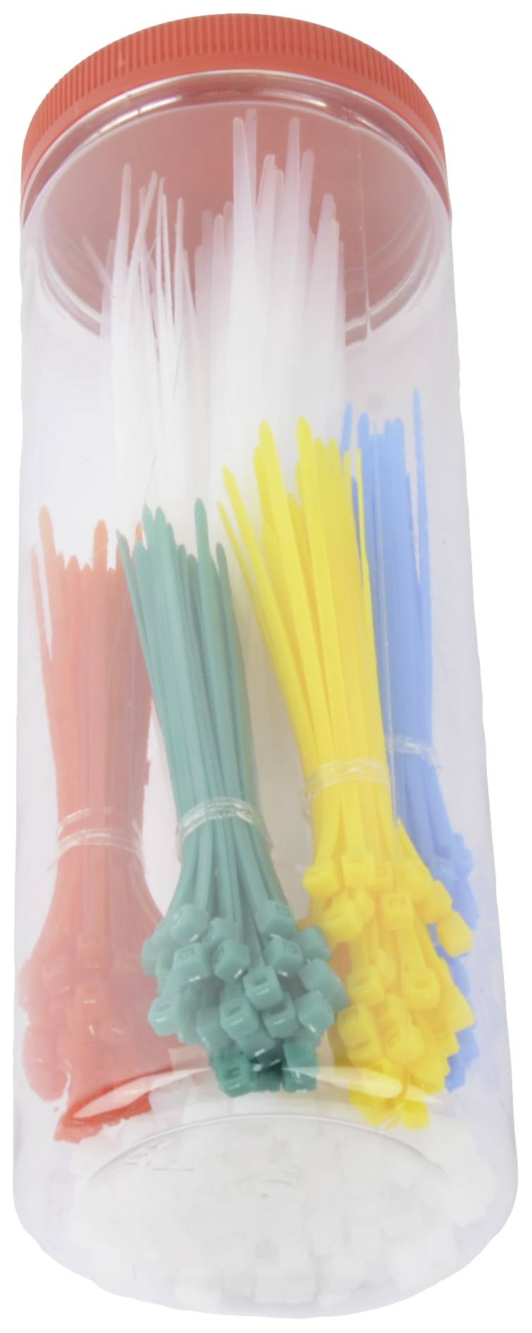 Een transparante container met een rode deksel bevat bundels kabelbinders in verschillende kleuren: rood, groen, geel, blauw en wit.