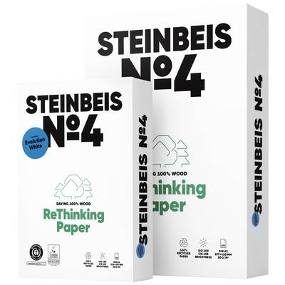 Twee verpakkingen Steinbeis No.4 kringlooppapier, 100% oud papier, gecertificeerd. Grote en kleine verpakking met milieuvriendelijke symbolen.