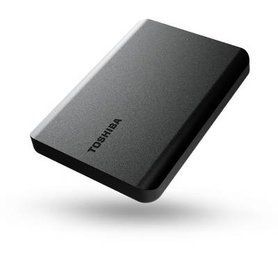 Externe harde schijf van Toshiba in het zwart, rechthoekig, compact. Ideaal voor extra opslagcapaciteit en gegevensback-up.