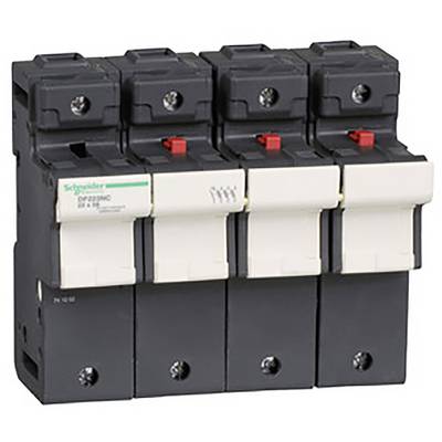 Een vierpolige vermogensschakelaar van Schneider Electric in zwart en wit, geschikt voor het onderbreken van stroomcircuits.