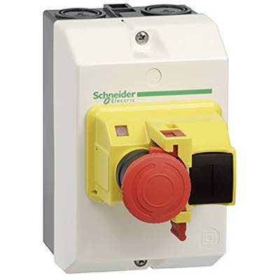 Een gele en rode hoofdschakelaar van Schneider Electric, gemonteerd op een wit behuizing. Ontwikkeld voor besturing en veiligheid in elektrische installaties.