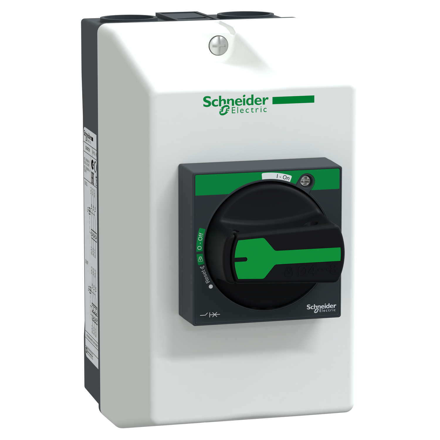 Een hoofdschakelaar van Schneider Electric met een grote, ronde schakelaar in het midden. De schakelaar staat in de 'AAN'-positie.