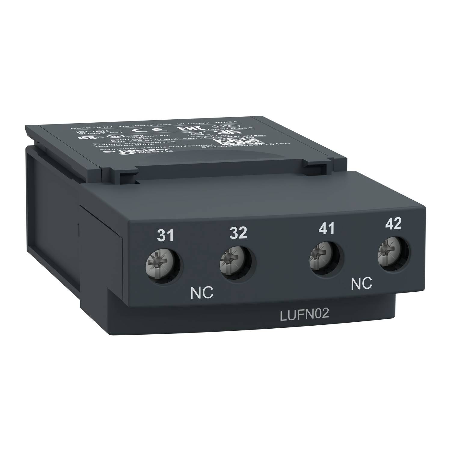 Een zwarte, rechthoekige elektrische aansluitblok met drie schroefaansluitingen, gemarkeerd met '31', '32', '41', '42' en 'NC'.