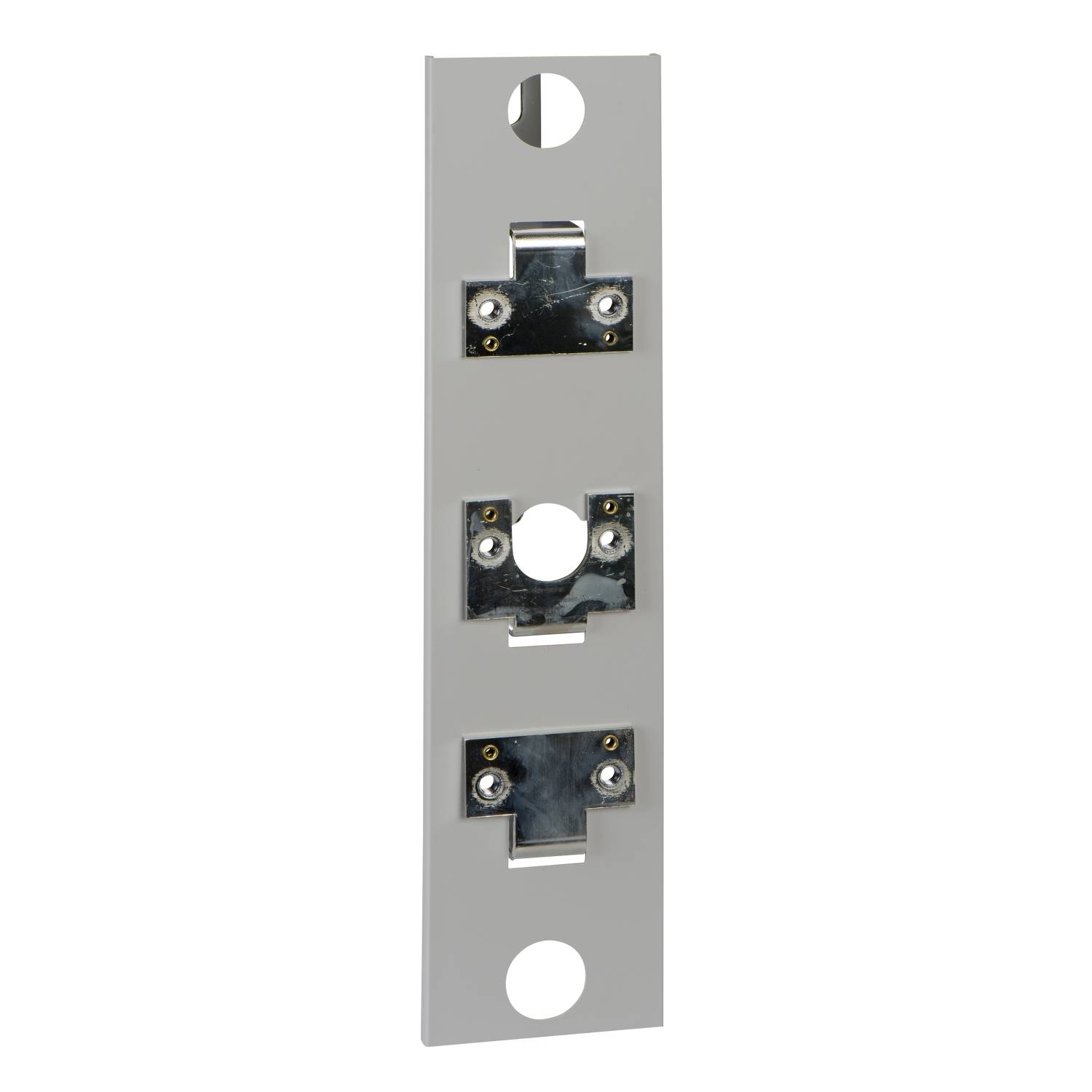 Grijze gemonteerde plaat met twee rechthoekige metalen beugels en vier schroefgaten, verticaal gerangschikt.