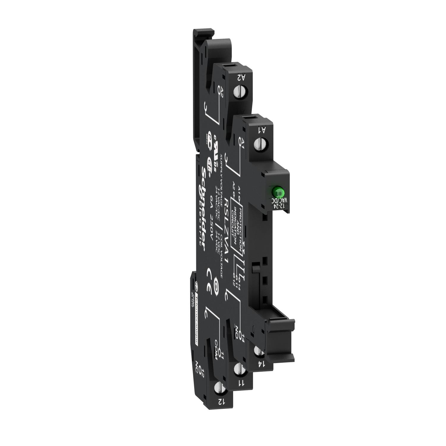 Zwart relaismodule met meerdere labels en contacten. Het toont technische details en is bedoeld voor elektrische besturing.