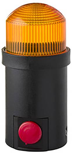 Een oranje waarschuwingslicht op een zwarte voet met een rode knop, symboliseert alarm of noodgeval.
