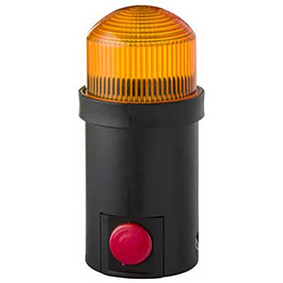 Een oranje waarschuwingslicht op een zwarte voet met een rode knop, symboliseert alarm of noodgeval.