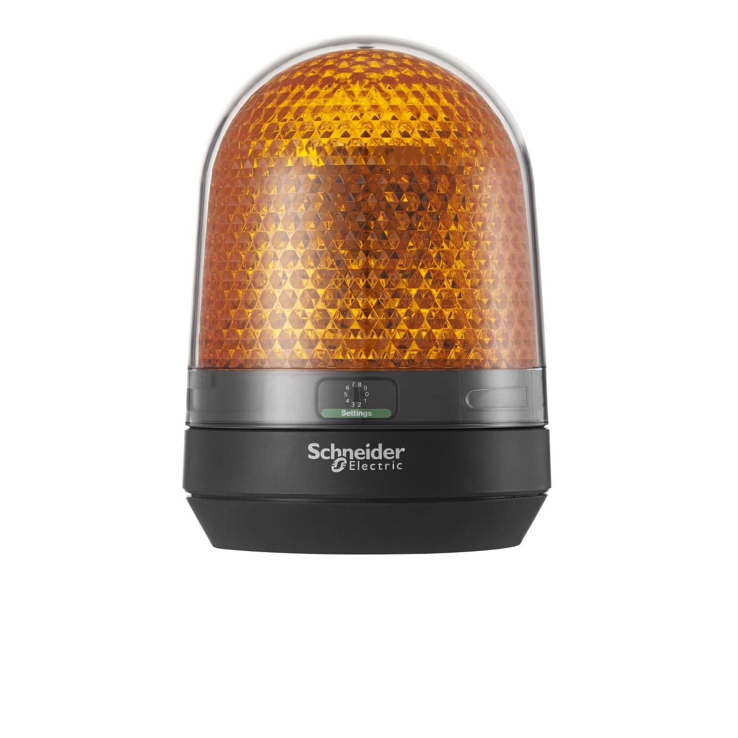 Een oranje waarschuwingslicht van Schneider Electric op een zwarte basis, gebruikt voor het signaleren van gevaar of alarm.