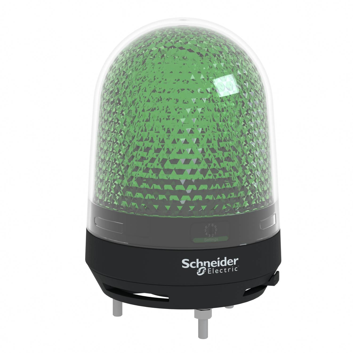 Een groene rondom-signaallamp van Schneider Electric, gebruikt voor veiligheids- of waarschuwingssignalen.