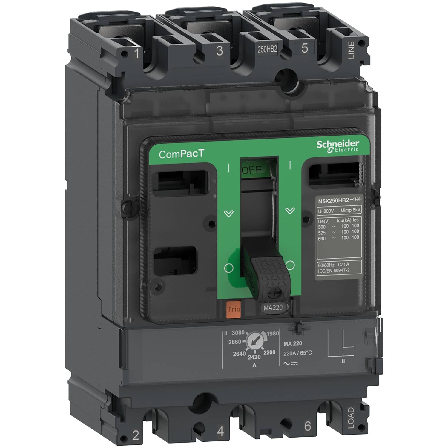 Een driepolige vermogensschakelaar van het merk Schneider Electric, model ComPacT, met een groene hendel voor bediening en duidelijke markering.