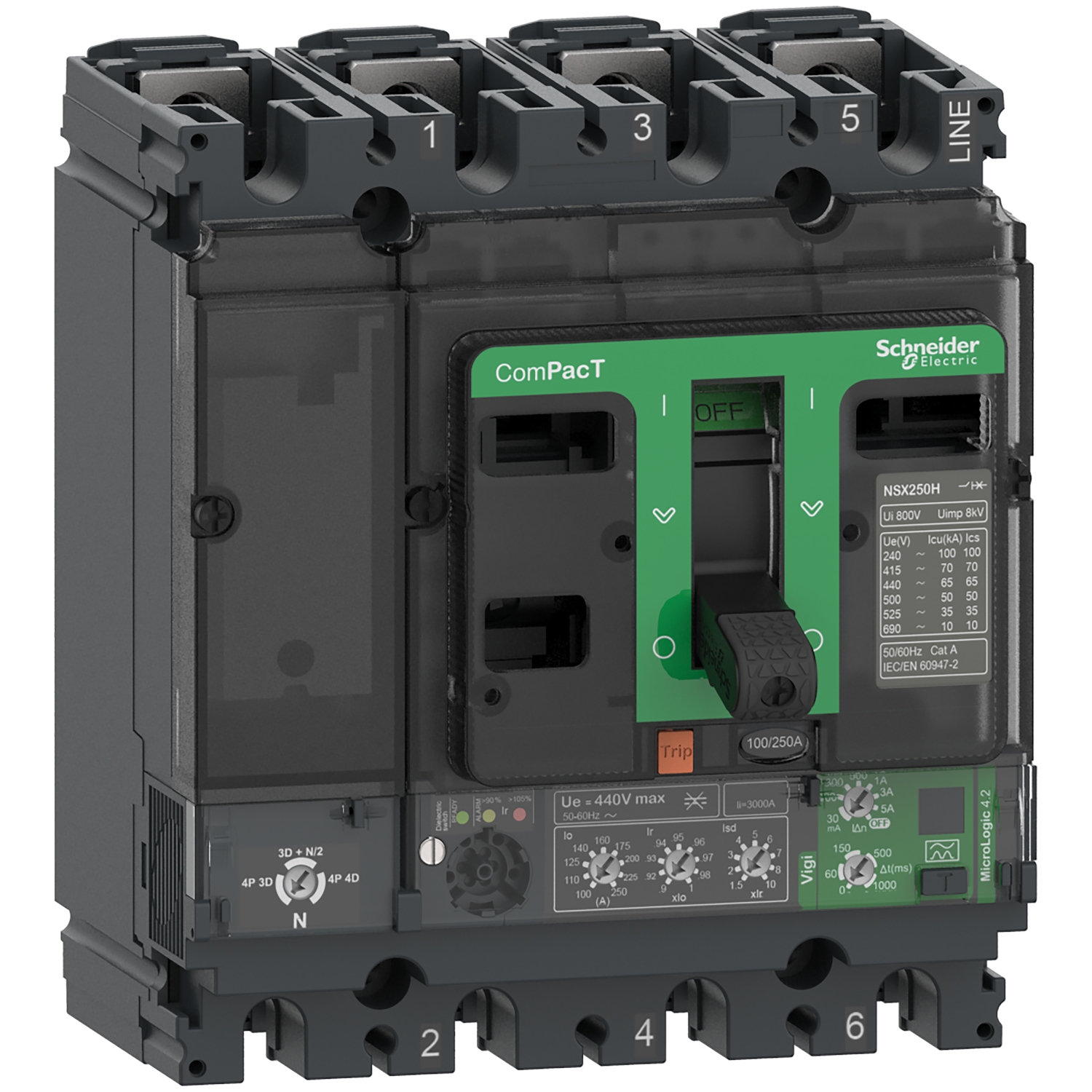 Vermogensschakelaar van Schneider Electric met groene schakeloppervlakte en aanduidingen voor stroomsterkte en spanning.