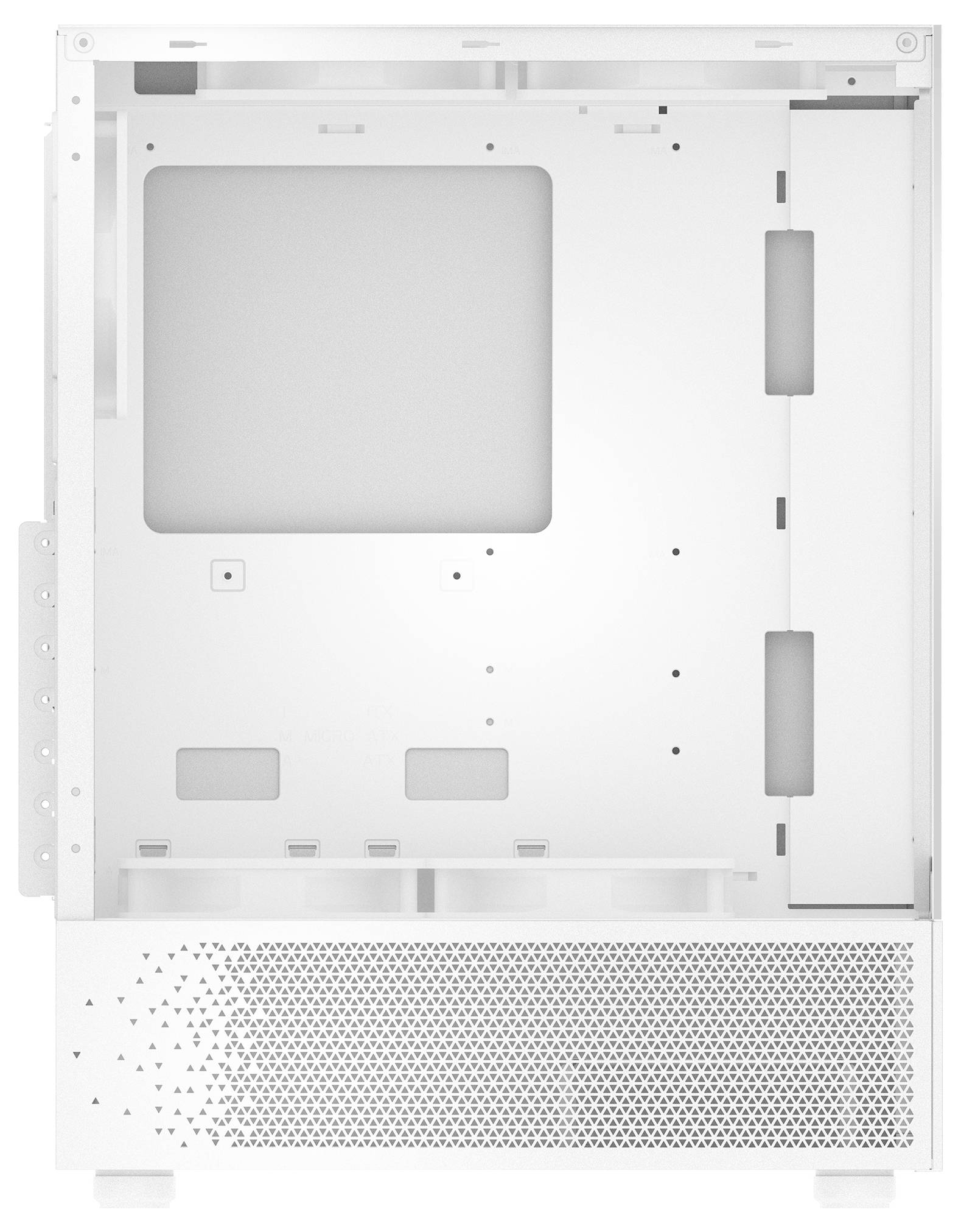 Metalen computerbehuizing, frontpaneel en bovenste deksel verwijderd. Zicht op het binnenste met ruimte voor moederbord, harde schijven, ventilator.